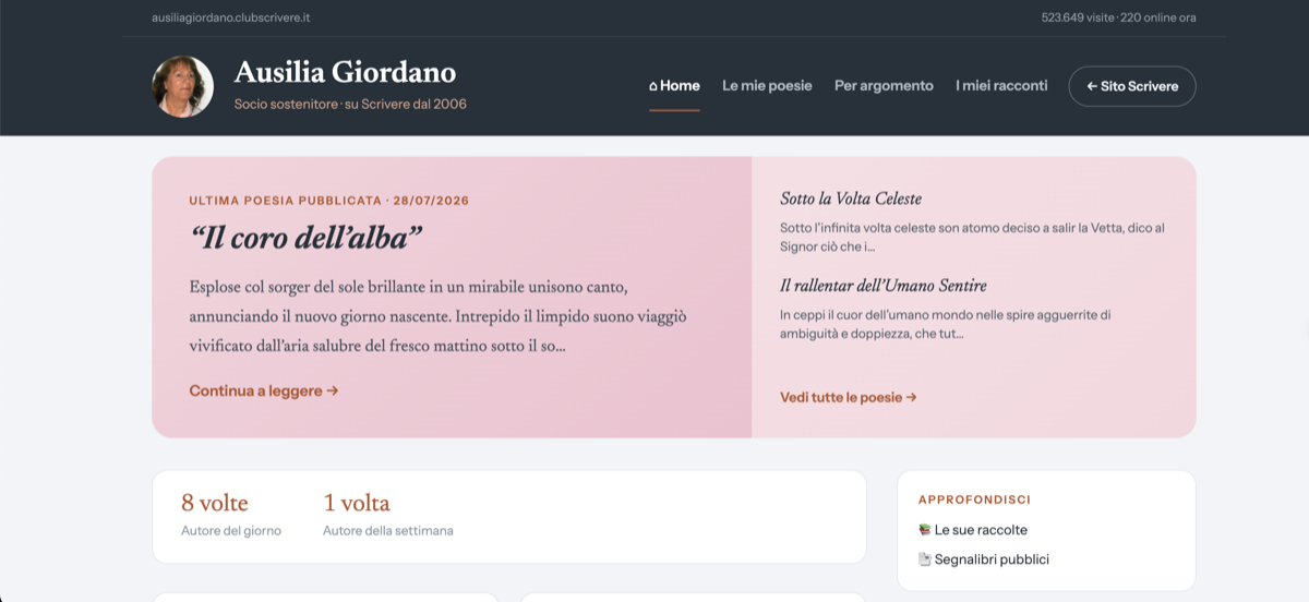 La pagina personale di un'autrice su Club Scrivere