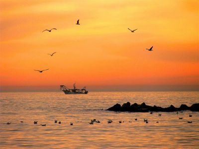 Ride l'alba sul mare